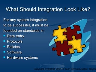 Copyright protected: 2005 Hi Tech Criminal Justice, Raymo
What Should Integration Look Like?What Should Integration Look Like?
For any system integrationFor any system integration
to be successful, it must beto be successful, it must be
founded on standards in:founded on standards in:
 Data entryData entry
 ProtocolsProtocols
 PoliciesPolicies
 SoftwareSoftware
 Hardware systemsHardware systems
 