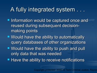 Copyright protected: 2005 Hi Tech Criminal Justice, Raymo
 Information would be captured once andInformation would be captured once and
reused during subsequent decision-reused during subsequent decision-
making pointsmaking points
 Would have the ability to automaticallyWould have the ability to automatically
query databases of other organizationsquery databases of other organizations
 Would have the ability to push and pullWould have the ability to push and pull
only data that was neededonly data that was needed
 Have the ability to receive notificationsHave the ability to receive notifications
A fully integrated system . . .A fully integrated system . . .
 