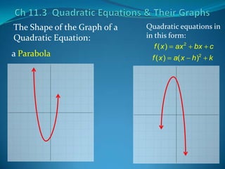 The Shape of the Graph of a
Quadratic Equation:
a Parabola

Quadratic equations in
in this form:
f ( x ) ax 2 bx c
f (x)

a( x

h )2

k

 