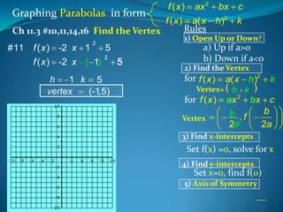 Graphing Parabolas in form
Ch 11.3 #10,11,14,16 Find the Vertex
#11 f ( x ) -2 x 1

2

1
f ( x ) -2 x ( 1)

ax 2

bx

c

a( x
Rules

h )2

k

f (x)
f (x)

1) Open Up or Down?

a) Up if a>o
b) Down if a<o

5
2

h
1 k 5
vertex
(-1,5)

5

2) Find the Vertex

for f ( x )

a( x h )2 k
Vertex= ( h , k )
for f ( x ) a 2 b
ax bx c
b
b ,f
Vertex
2a
2a
3) Find x-intercepts

Set f(x) =0, solve for x
4) Find y-intercepts

Set x=0, find f(0)
5) Axis of Symmetry

x

h or x

b
2a

 