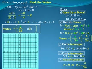 Ch 11.3 #10,11,14,16 Find the Vertex
#16

2x 2 8x 1
2 b 8

f (x)
a

(8 )
2( 2)
f ( 2)
Vertex

8
4

2 2

2

b
2 ,
2a

Rules
1) Open Up or Down?

a) Up if a>o
b) Down if a<o

2

8 2
f (7 )
2

1

8 16 1 7

2) Find the Vertex

for f ( x )

k

for f ( x )

a 2 b
ax bx c
b
b ,f
2a
2a

a( x h )2
Vertex= ( h , k )

Vertex

3) Find x-intercepts

Set f(x) =0, solve for x
4) Find y-intercepts

Set x=0, find f(0)
5) Axis of Symmetry

x

h or x

b
2a

 
