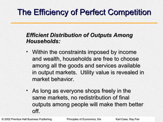 TThhee EEffffiicciieennccyy ooff PPeerrffeecctt CCoommppeettiittiioonn 
EEffffiicciieenntt DDiissttrriibbuuttiioonn ooff OOuuttppuuttss AAmmoonngg 
HHoouusseehhoollddss:: 
• WWiitthhiinn tthhee ccoonnssttrraaiinnttss iimmppoosseedd bbyy iinnccoommee 
aanndd wweeaalltthh,, hhoouusseehhoollddss aarree ffrreeee ttoo cchhoooossee 
aammoonngg aallll tthhee ggooooddss aanndd sseerrvviicceess aavvaaiillaabbllee 
iinn oouuttppuutt mmaarrkkeettss. UUttiilliittyy vvaalluuee iiss rreevveeaalleedd iinn 
mmaarrkkeett bbeehhaavviioorr. 
• AAss lloonngg aass eevveerryyoonnee sshhooppss ffrreeeellyy iinn tthhee 
ssaammee mmaarrkkeettss,, nnoo rreeddiissttrriibbuuttiioonn ooff ffiinnaall 
oouuttppuuttss aammoonngg ppeeooppllee wwiillll mmaakkee tthheemm bbeetttteerr 
ooffff. 
© 2002 Prentice HHaallll BBuussiinneessss PPuubblliisshhiinngg PPrriinncciipplleess ooff EEccoonnoommiiccss,, 66//ee KKaarrll CCaassee,, RRaayy FFaaiirr 
 