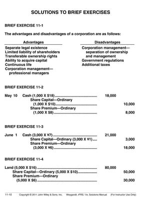 SOLUTIONS TO BRIEF EXERCISES 
BRIEF EXERCISE 11-1 
The advantages and disadvantages of a corporation are as follows: 
Advantages Disadvantages 
Separate legal existence 
Limited liability of shareholders 
Transferable ownership rights 
Ability to acquire capital 
Continuous life 
Corporation management— 
professional managers 
Corporation management— 
separation of ownership 
and management 
Government regulations 
Additional taxes 
BRIEF EXERCISE 11-2 
May 10 Cash (1,000 X $18) ................................................ 18,000 
Share Capital—Ordinary 
(1,000 X $10)............................................... 10,000 
Share Premium—Ordinary 
(1,000 X $8) ................................................. 8,000 
BRIEF EXERCISE 11-3 
June 1 Cash (3,000 X ¥7) .................................................. 21,000 
Share Capital—Ordinary (3,000 X ¥1)..... 3,000 
Share Premium—Ordinary 
(3,000 X ¥6) ................................................. 18,000 
BRIEF EXERCISE 11-4 
Land (5,000 X $16) .................................................................... 80,000 
Share Capital—Ordinary (5,000 X $10)...................... 50,000 
Share Premium—Ordinary 
(5,000 X $6) .................................................................... 30,000 
11-10 Copyright © 2011 John Wiley & Sons, Inc. Weygandt, IFRS, 1/e, Solutions Manual (For Instructor Use Only) 
 