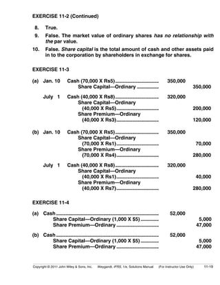 EXERCISE 11-2 (Continued) 
8. True. 
9. False. The market value of ordinary shares has no relationship with 
the par value. 
10. False. Share capital is the total amount of cash and other assets paid 
in to the corporation by shareholders in exchange for shares. 
EXERCISE 11-3 
(a) Jan. 10 Cash (70,000 X Rs5).................................... 350,000 
Share Capital—Ordinary .................. 350,000 
July 1 Cash (40,000 X Rs8).................................... 320,000 
Share Capital—Ordinary 
(40,000 X Rs5)................................... 200,000 
Share Premium—Ordinary 
(40,000 X Rs3)................................... 120,000 
(b) Jan. 10 Cash (70,000 X Rs5).................................... 350,000 
Share Capital—Ordinary 
(70,000 X Rs1)................................... 70,000 
Share Premium—Ordinary 
(70,000 X Rs4)................................... 280,000 
July 1 Cash (40,000 X Rs8).................................... 320,000 
Share Capital—Ordinary 
(40,000 X Rs1)................................... 40,000 
Share Premium—Ordinary 
(40,000 X Rs7)................................... 280,000 
EXERCISE 11-4 
(a) Cash..................................................................................... 52,000 
Share Capital—Ordinary (1,000 X $5) ............... 5,000 
Share Premium—Ordinary ................................... 47,000 
(b) Cash..................................................................................... 52,000 
Share Capital—Ordinary (1,000 X $5) ............... 5,000 
Share Premium—Ordinary ................................... 47,000 
Copyright © 2011 John Wiley & Sons, Inc. Weygandt, IFRS, 1/e, Solutions Manual (For Instructor Use Only) 11-19 
 