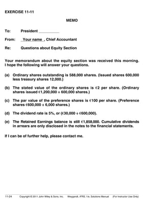 EXERCISE 11-11 
MEMO 
To: President 
From: Your name , Chief Accountant 
Re: Questions about Equity Section 
Your memorandum about the equity section was received this morning. 
I hope the following will answer your questions. 
(a) Ordinary shares outstanding is 588,000 shares. (Issued shares 600,000 
less treasury shares 12,000.) 
(b) The stated value of the ordinary shares is €2 per share. (Ordinary 
shares issued €1,200,000 ÷ 600,000 shares.) 
(c) The par value of the preference shares is €100 per share. (Preference 
shares €600,000 ÷ 6,000 shares.) 
(d) The dividend rate is 5%, or (€30,000 ÷ €600,000). 
(e) The Retained Earnings balance is still €1,858,000. Cumulative dividends 
in arrears are only disclosed in the notes to the financial statements. 
If I can be of further help, please contact me. 
11-24 Copyright © 2011 John Wiley & Sons, Inc. Weygandt, IFRS, 1/e, Solutions Manual (For Instructor Use Only) 
 