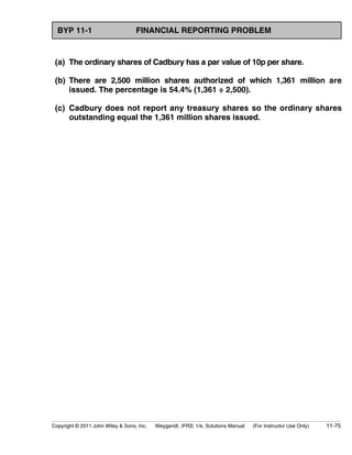 BYP 11-1 FINANCIAL REPORTING PROBLEM 
(a) The ordinary shares of Cadbury has a par value of 10p per share. 
(b) There are 2,500 million shares authorized of which 1,361 million are 
issued. The percentage is 54.4% (1,361 ÷ 2,500). 
(c) Cadbury does not report any treasury shares so the ordinary shares 
outstanding equal the 1,361 million shares issued. 
Copyright © 2011 John Wiley  Sons, Inc. Weygandt, IFRS, 1/e, Solutions Manual (For Instructor Use Only) 11-75 
 