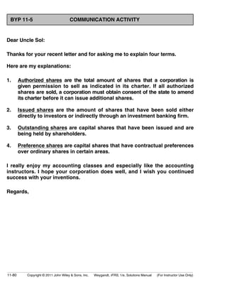 BYP 11-5 COMMUNICATION ACTIVITY 
Dear Uncle Sol: 
Thanks for your recent letter and for asking me to explain four terms. 
Here are my explanations: 
1. Authorized shares are the total amount of shares that a corporation is 
given permission to sell as indicated in its charter. If all authorized 
shares are sold, a corporation must obtain consent of the state to amend 
its charter before it can issue additional shares. 
2. Issued shares are the amount of shares that have been sold either 
directly to investors or indirectly through an investment banking firm. 
3. Outstanding shares are capital shares that have been issued and are 
being held by shareholders. 
4. Preference shares are capital shares that have contractual preferences 
over ordinary shares in certain areas. 
I really enjoy my accounting classes and especially like the accounting 
instructors. I hope your corporation does well, and I wish you continued 
success with your inventions. 
Regards, 
11-80 Copyright © 2011 John Wiley  Sons, Inc. Weygandt, IFRS, 1/e, Solutions Manual (For Instructor Use Only) 
 