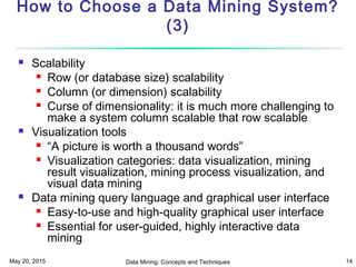 May 20, 2015 Data Mining: Concepts and Techniques 14
How to Choose a Data Mining System?
(3)
 Scalability
 Row (or database size) scalability
 Column (or dimension) scalability
 Curse of dimensionality: it is much more challenging to
make a system column scalable that row scalable
 Visualization tools
 “A picture is worth a thousand words”
 Visualization categories: data visualization, mining
result visualization, mining process visualization, and
visual data mining
 Data mining query language and graphical user interface
 Easy-to-use and high-quality graphical user interface
 Essential for user-guided, highly interactive data
mining
 