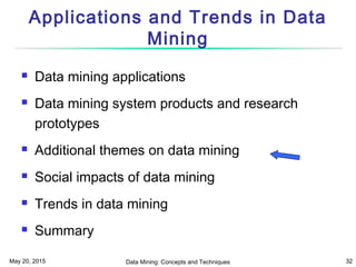 May 20, 2015 Data Mining: Concepts and Techniques 32
Applications and Trends in Data
Mining
 Data mining applications
 Data mining system products and research
prototypes
 Additional themes on data mining
 Social impacts of data mining
 Trends in data mining
 Summary
 