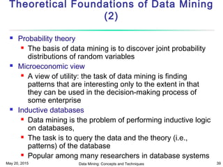 May 20, 2015 Data Mining: Concepts and Techniques 39
Theoretical Foundations of Data Mining
(2)
 Probability theory
 The basis of data mining is to discover joint probability
distributions of random variables
 Microeconomic view
 A view of utility: the task of data mining is finding
patterns that are interesting only to the extent in that
they can be used in the decision-making process of
some enterprise
 Inductive databases
 Data mining is the problem of performing inductive logic
on databases,
 The task is to query the data and the theory (i.e.,
patterns) of the database
 Popular among many researchers in database systems
 