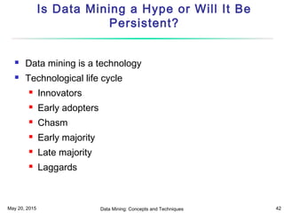 May 20, 2015 Data Mining: Concepts and Techniques 42
Is Data Mining a Hype or Will It Be
Persistent?
 Data mining is a technology
 Technological life cycle
 Innovators
 Early adopters
 Chasm
 Early majority
 Late majority
 Laggards
 