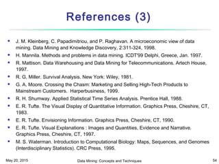 May 20, 2015 Data Mining: Concepts and Techniques 54
References (3)
 J. M. Kleinberg, C. Papadimitriou, and P. Raghavan. A microeconomic view of data
mining. Data Mining and Knowledge Discovery, 2:311-324, 1998.
 H. Mannila. Methods and problems in data mining. ICDT'99 Delphi, Greece, Jan. 1997.
 R. Mattison. Data Warehousing and Data Mining for Telecommunications. Artech House,
1997.
 R. G. Miller. Survival Analysis. New York: Wiley, 1981.
 G. A. Moore. Crossing the Chasm: Marketing and Selling High-Tech Products to
Mainstream Customers. Harperbusiness, 1999.
 R. H. Shumway. Applied Statistical Time Series Analysis. Prentice Hall, 1988.
 E. R. Tufte. The Visual Display of Quantitative Information. Graphics Press, Cheshire, CT,
1983.
 E. R. Tufte. Envisioning Information. Graphics Press, Cheshire, CT, 1990.
 E. R. Tufte. Visual Explanations : Images and Quantities, Evidence and Narrative.
Graphics Press, Cheshire, CT, 1997.
 M. S. Waterman. Introduction to Computational Biology: Maps, Sequences, and Genomes
(Interdisciplinary Statistics). CRC Press, 1995.
 