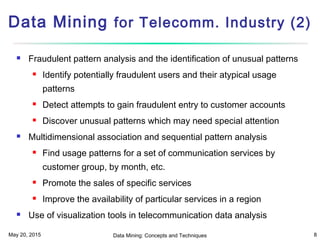 May 20, 2015 Data Mining: Concepts and Techniques 8
Data Mining for Telecomm. Industry (2)
 Fraudulent pattern analysis and the identification of unusual patterns
 Identify potentially fraudulent users and their atypical usage
patterns
 Detect attempts to gain fraudulent entry to customer accounts
 Discover unusual patterns which may need special attention
 Multidimensional association and sequential pattern analysis
 Find usage patterns for a set of communication services by
customer group, by month, etc.
 Promote the sales of specific services
 Improve the availability of particular services in a region
 Use of visualization tools in telecommunication data analysis
 