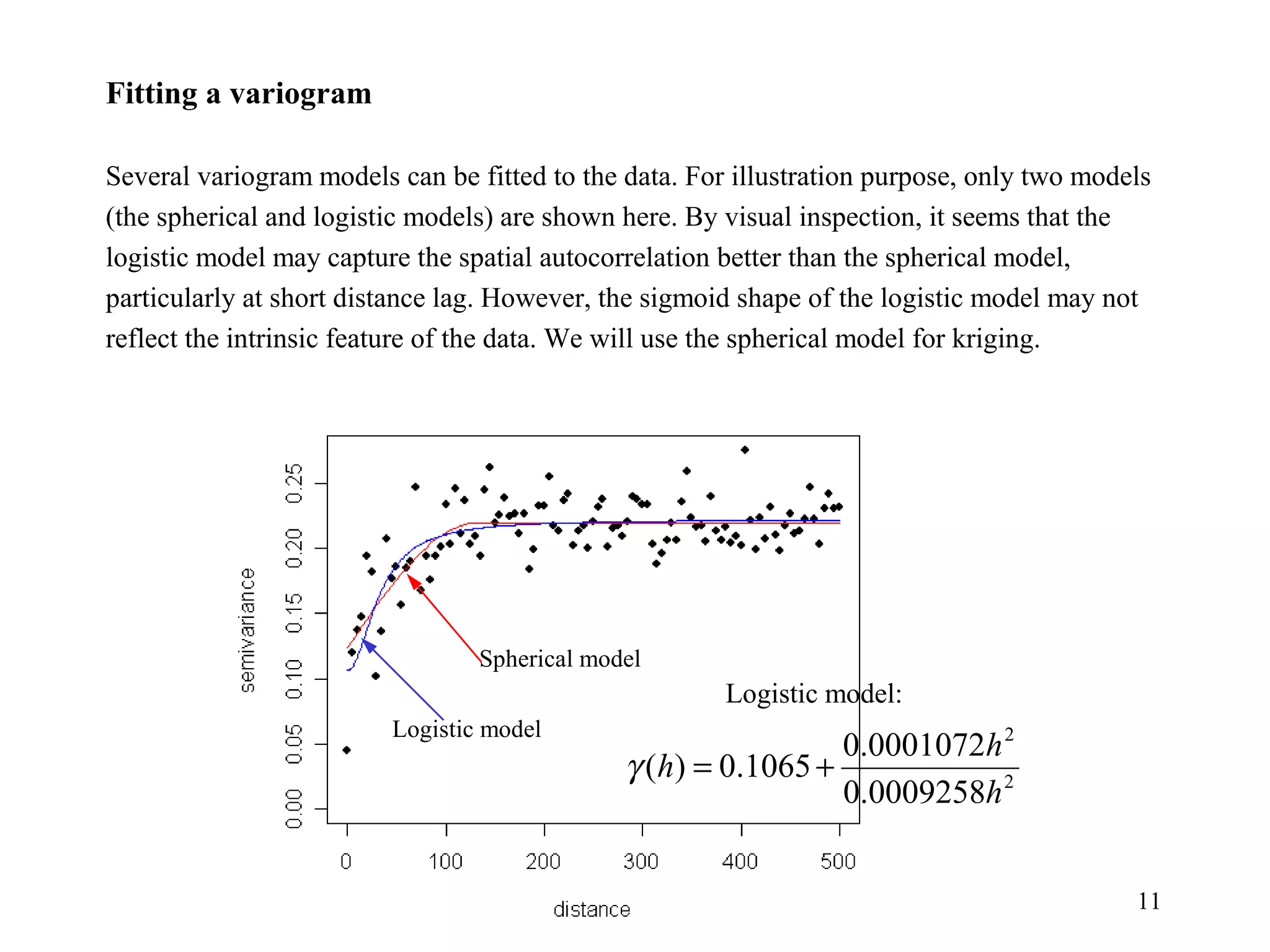 11
Spherical model
Logistic model
Fitting a variogram
Several variogram models can be fitted to the data. For illustration purpose, only two models
(the spherical and logistic models) are shown here. By visual inspection, it seems that the
logistic model may capture the spatial autocorrelation better than the spherical model,
particularly at short distance lag. However, the sigmoid shape of the logistic model may not
reflect the intrinsic feature of the data. We will use the spherical model for kriging.
2
2
0009258.0
0001072.0
1065.0)(
h
h
h +=γ
Logistic model:
 