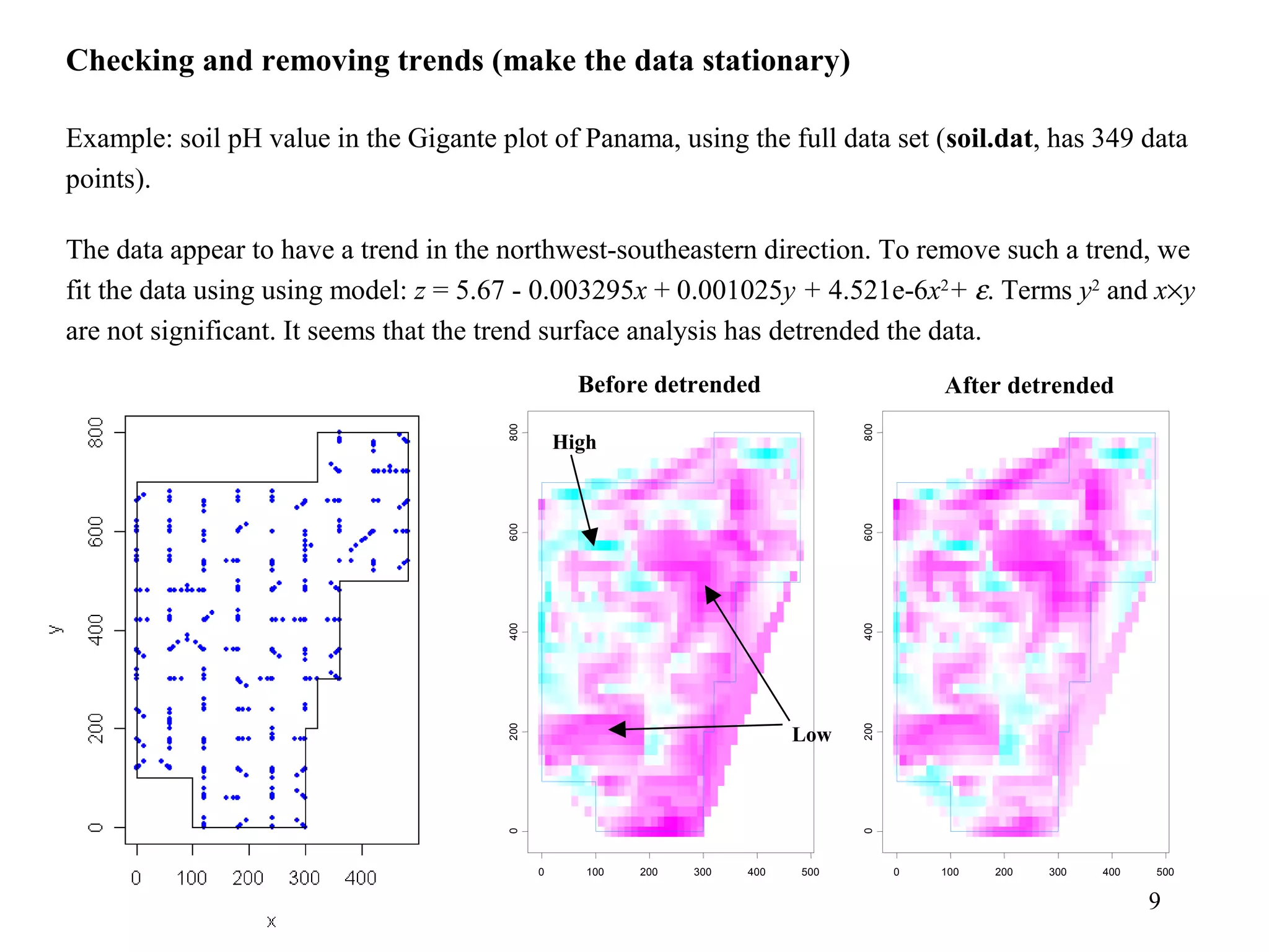 9
Checking and removing trends (make the data stationary)
Example: soil pH value in the Gigante plot of Panama, using the full data set (soil.dat, has 349 data
points).
The data appear to have a trend in the northwest-southeastern direction. To remove such a trend, we
fit the data using using model: z = 5.67 - 0.003295x + 0.001025y + 4.521e-6x2
+ ε. Terms y2
and x×y
are not significant. It seems that the trend surface analysis has detrended the data.
0 100 200 300 400 500
0200400600800
0 100 200 300 400 5000200400600800
Before detrended After detrended
High
Low
 