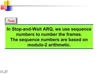 11.27
In Stop-and-Wait ARQ, we use sequence
numbers to number the frames.
The sequence numbers are based on
modulo-2 arithmetic.
Note
 
