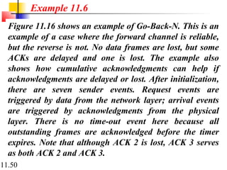 11.50
Example 11.6
Figure 11.16 shows an example of Go-Back-N. This is an
example of a case where the forward channel is reliable,
but the reverse is not. No data frames are lost, but some
ACKs are delayed and one is lost. The example also
shows how cumulative acknowledgments can help if
acknowledgments are delayed or lost. After initialization,
there are seven sender events. Request events are
triggered by data from the network layer; arrival events
are triggered by acknowledgments from the physical
layer. There is no time-out event here because all
outstanding frames are acknowledged before the timer
expires. Note that although ACK 2 is lost, ACK 3 serves
as both ACK 2 and ACK 3.
 