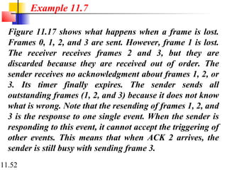 11.52
Figure 11.17 shows what happens when a frame is lost.
Frames 0, 1, 2, and 3 are sent. However, frame 1 is lost.
The receiver receives frames 2 and 3, but they are
discarded because they are received out of order. The
sender receives no acknowledgment about frames 1, 2, or
3. Its timer finally expires. The sender sends all
outstanding frames (1, 2, and 3) because it does not know
what is wrong. Note that the resending of frames 1, 2, and
3 is the response to one single event. When the sender is
responding to this event, it cannot accept the triggering of
other events. This means that when ACK 2 arrives, the
sender is still busy with sending frame 3.
Example 11.7
 
