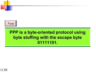 11.88
PPP is a byte-oriented protocol using
byte stuffing with the escape byte
01111101.
Note
 