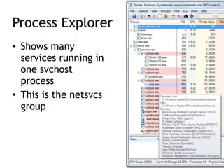 Process Explorer
• Shows many
services running in
one svchost
process
• This is the netsvcs
group
 