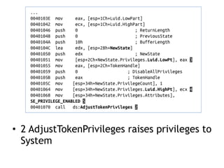 • 2 AdjustTokenPrivileges raises privileges to
System
 