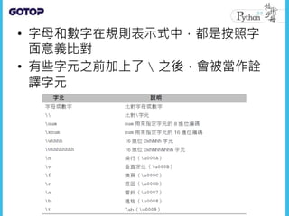 • 字母和數字在規則表示式中，都是按照字
面意義比對
• 有些字元之前加上了  之後，會被當作詮
譯字元
 