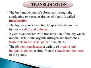  The bulk movement of substances through the
conducting or vascular tissues of plants is called
translocation.
 The higher plants have highly specialised vascular
tissues – xylem and phloem.
 Xylem is associated with translocation of mainly water,
mineral salts, some organic nitrogen and hormones,
from roots to the aerial parts of the plants.
 The phloem translocates a variety of organic and
inorganic solutes, mainly from the leaves to other parts
of the plants.
TRANSLOCATION
 