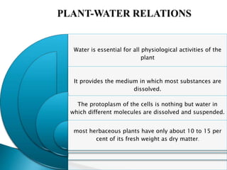 Water is essential for all physiological activities of the
plant
It provides the medium in which most substances are
dissolved.
The protoplasm of the cells is nothing but water in
which different molecules are dissolved and suspended.
most herbaceous plants have only about 10 to 15 per
cent of its fresh weight as dry matter.
 