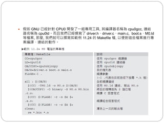  假如 GNU 已經針對 CPU0 開發了一組專用工具, 其編譯器名稱為 cpu0gcc, 連結
器名稱為 cpu0ld。而且我們已經撰寫了 driver.h、driver.c、main.c, boot.s、M0.ld
等檔案, 那麼, 我們就可以撰寫如範例 11.24 的 Makefile 檔, 以便對這些檔案進行專
案編譯、連結的動作。
 
