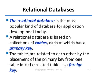 Relational Databases
The relational database is the most
popular kind of database for application
development today.
A relational database is based on
collections of tables, each of which has a
primary key.
The tables are related to each other by the
placement of the primary key from one
table into the related table as a foreign
key. © Copyright 2011 John Wiley & Sons, Inc. 11-13
 