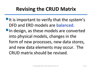 Revising the CRUD Matrix
It is important to verify that the system’s
DFD and ERD models are balanced.
In design, as these models are converted
into physical models, changes in the
form of new processes, new data stores,
and new data elements may occur. The
CRUD matrix should be revised.
© Copyright 2011 John Wiley & Sons, Inc. 11-29
 