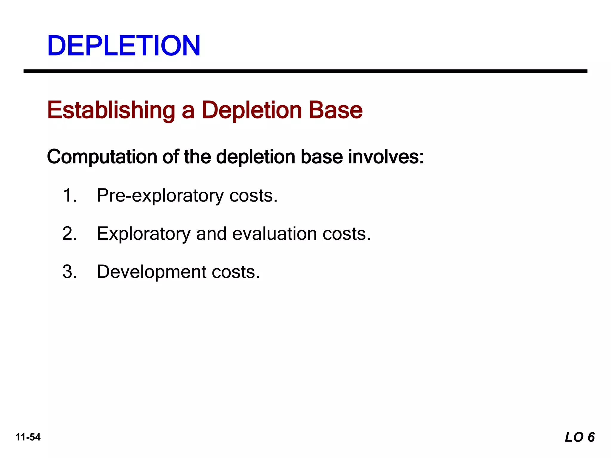 11-54
Establishing a Depletion Base
Computation of the depletion base involves:
1. Pre-exploratory costs.
2. Exploratory and evaluation costs.
3. Development costs.
DEPLETION
LO 6
 