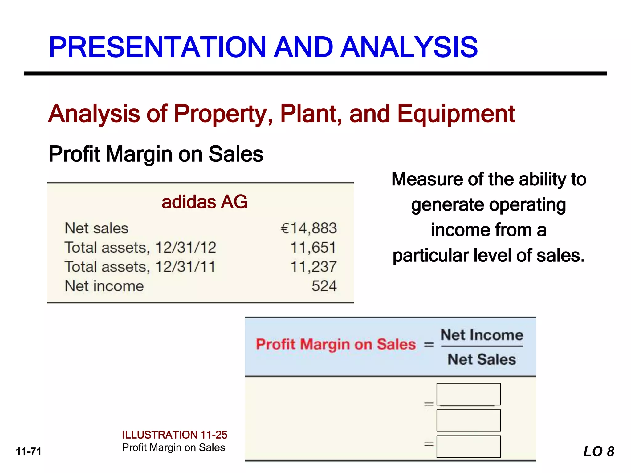 11-71
Measure of the ability to
generate operating
income from a
particular level of sales.
Profit Margin on Sales
Analysis of Property, Plant, and Equipment
adidas AG
ILLUSTRATION 11-25
Profit Margin on Sales
PRESENTATION AND ANALYSIS
LO 8
 