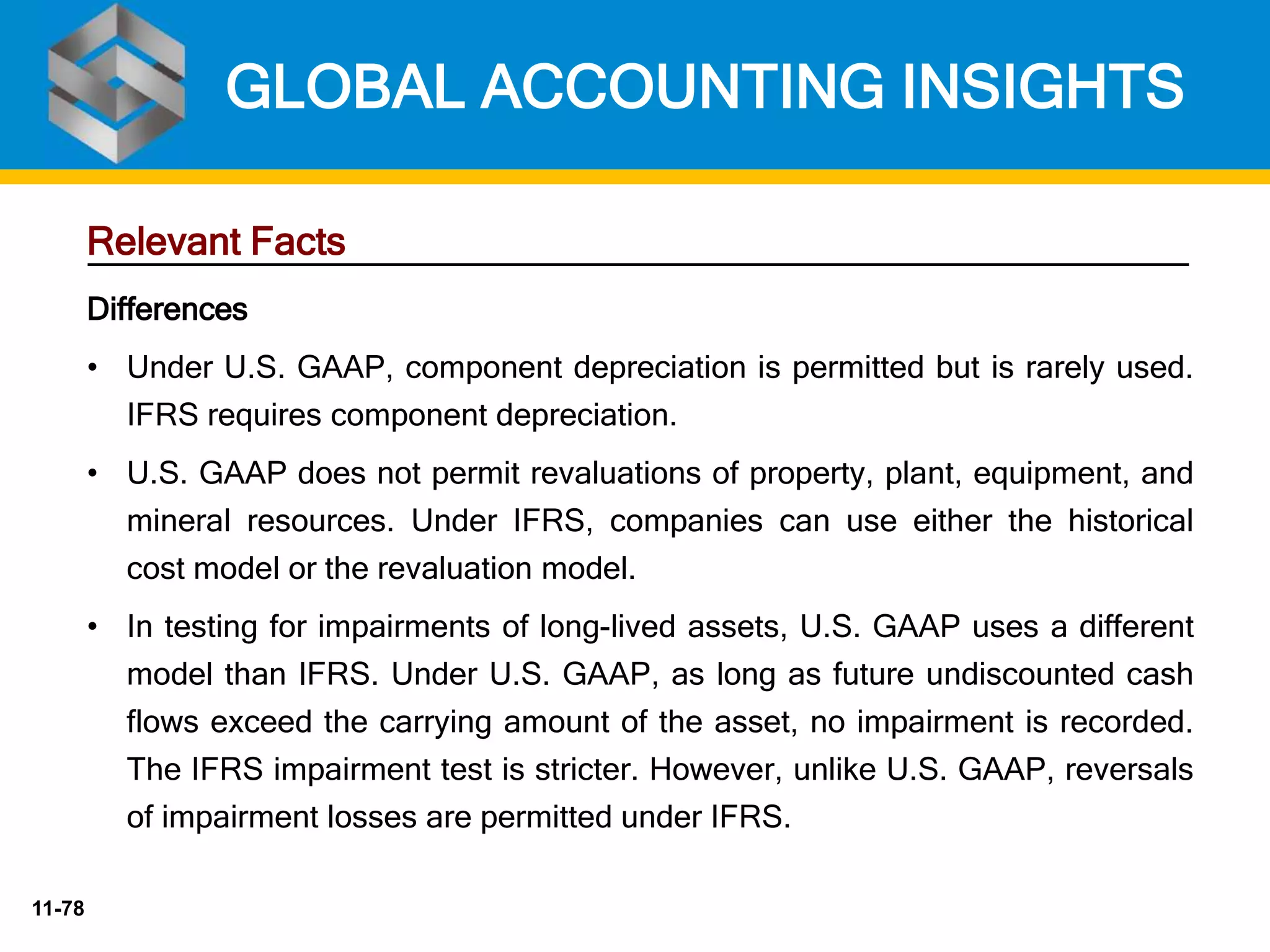 11-78
Relevant Facts
Differences
• Under U.S. GAAP, component depreciation is permitted but is rarely used.
IFRS requires component depreciation.
• U.S. GAAP does not permit revaluations of property, plant, equipment, and
mineral resources. Under IFRS, companies can use either the historical
cost model or the revaluation model.
• In testing for impairments of long-lived assets, U.S. GAAP uses a different
model than IFRS. Under U.S. GAAP, as long as future undiscounted cash
flows exceed the carrying amount of the asset, no impairment is recorded.
The IFRS impairment test is stricter. However, unlike U.S. GAAP, reversals
of impairment losses are permitted under IFRS.
GLOBAL ACCOUNTING INSIGHTS
 