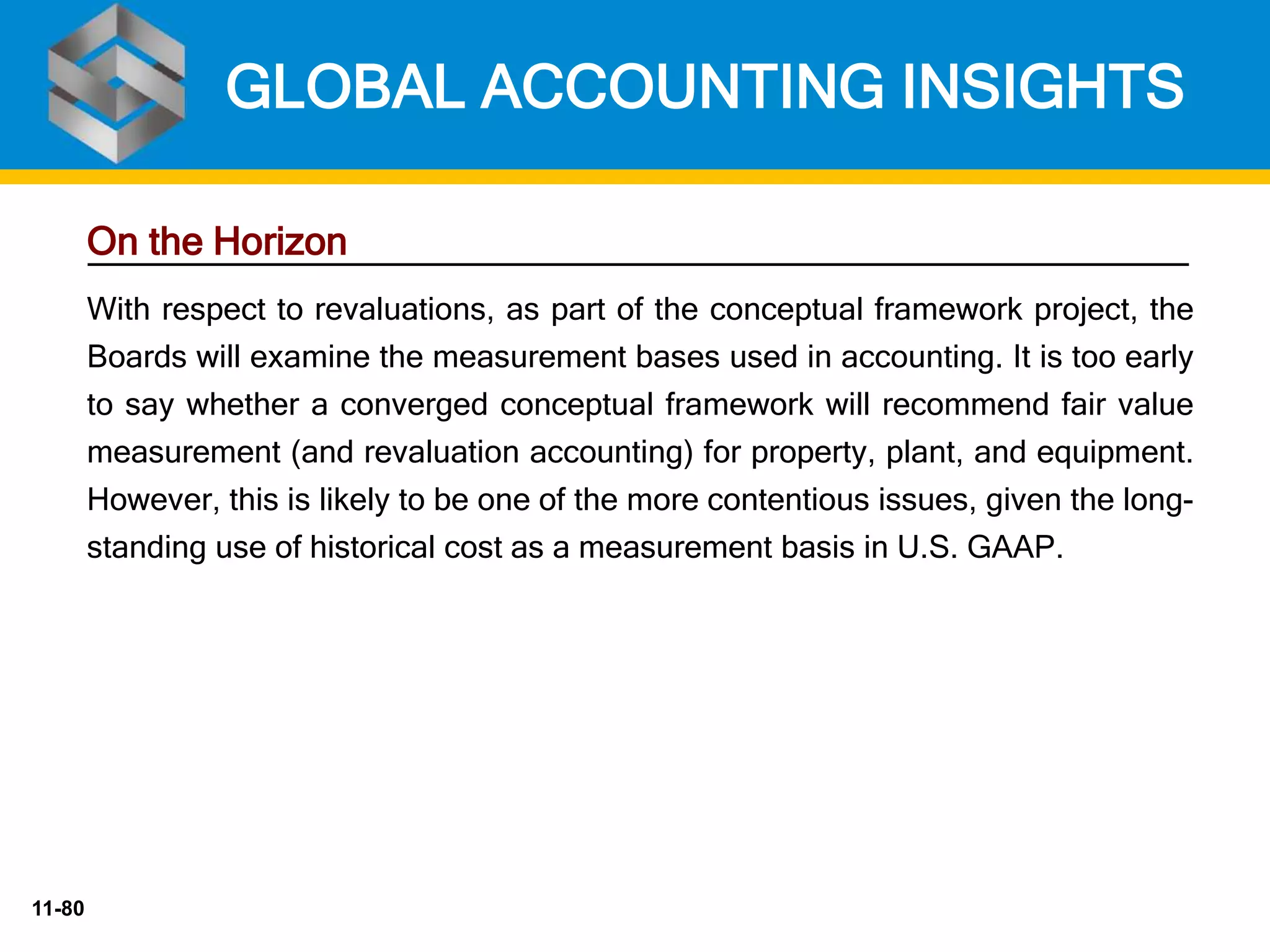 11-80
On the Horizon
With respect to revaluations, as part of the conceptual framework project, the
Boards will examine the measurement bases used in accounting. It is too early
to say whether a converged conceptual framework will recommend fair value
measurement (and revaluation accounting) for property, plant, and equipment.
However, this is likely to be one of the more contentious issues, given the long-
standing use of historical cost as a measurement basis in U.S. GAAP.
GLOBAL ACCOUNTING INSIGHTS
 
