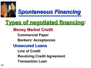 1-16
Spontaneous FinancingSpontaneous Financing
Money Market CreditMoney Market Credit
Commercial Paper
Bankers’ Acceptances
Unsecured LoansUnsecured Loans
Line of Credit
Revolving Credit Agreement
Transaction Loan
Types of negotiated financingTypes of negotiated financing:
 