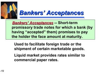 1-19
Bankers’ AcceptancesBankers’ Acceptances
Used to facilitate foreign trade or the
shipment of certain marketable goods.
Liquid market provides rates similar to
commercial paper rates.
Bankers’ AcceptancesBankers’ Acceptances -- Short-term
promissory trade notes for which a bank (by
having “accepted” them) promises to pay
the holder the face amount at maturity.
 