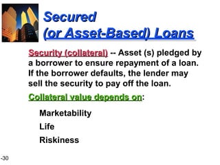 1-30
SecuredSecured
(or Asset-Based) Loans(or Asset-Based) Loans
Marketability
Life
Riskiness
Security (collateral)Security (collateral) -- Asset (s) pledged by
a borrower to ensure repayment of a loan.
If the borrower defaults, the lender may
sell the security to pay off the loan.
Collateral value depends onCollateral value depends on:
 