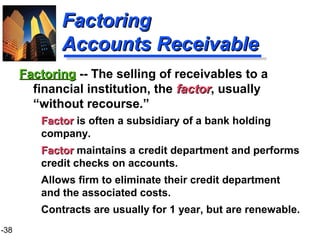 1-38
FactoringFactoring
Accounts ReceivableAccounts Receivable
FactorFactor is often a subsidiary of a bank holding
company.
FactorFactor maintains a credit department and performs
credit checks on accounts.
Allows firm to eliminate their credit department
and the associated costs.
Contracts are usually for 1 year, but are renewable.
FactoringFactoring -- The selling of receivables to a
financial institution, the factorfactor, usually
“without recourse.”
 