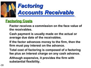 1-39
FactoringFactoring
Accounts ReceivableAccounts Receivable
Factor receives a commission on the face value of
the receivables.
Cash payment is usually made on the actual or
average due date of the receivables.
If the factor advances money to the firm, then the
firm must pay interest on the advance.
Total cost of factoring is composed of a factoring
fee plus an interest charge on any cash advance.
Although expensive, it provides the firm with
substantial flexibility.
Factoring CostsFactoring Costs
 