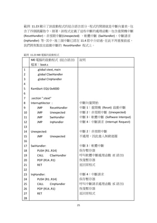 25
範例 11.23 顯示了該啟動程式的組合語言部分，程式的開頭就是中斷向量表，包
含了四個跳躍指令。接著，該程式定義了這些中斷的處理函數，包含重開機中斷
(ResetHandler)、非預期中斷(Unexpected) 、軟體中斷 (SwiHandler)、中斷請求
(IrqHandler) 等，其中，後三個中斷已經在 11.4 節中介紹過，在此不再重複敘述，
我們將焦點放在啟動中斷的 ResetHandler 程式上。
範例 11.23 M0 電腦的啟動程式
M0 電腦的啟動程式 (組合語言)
檔案：boot.s
說明
1
2
3
4
5
6
7
8
9
10
11
12
13
14
15
16
17
18
19
20
21
22
23
24
25
26
27
28
.global stext, main
.global CSwiHandler
.global CIrqHandler
RamStart EQU 0x4000
.section ".stext"
InterruptVector :
JMP ResetHandler
JMP Unexpected
JMP SwiHandler
JMP IrqHandler
Unexpected:
JMP Unexpected
SwiHandler:
PUSH {R1..R14}
CALL CSwiHandler
POP {R14..R1}
RET
IrqHandler:
PUSH {R1..R14}
CALL CIrqHandler
POP {R14..R1}
RET
中斷向量開始
中斷 1：重開機 (Reset) 啟動中斷
中斷 2：非預期中斷 (Unexpected)
中斷 3：軟體中斷 (Software Interrput)
中斷 4：中斷請求 (Interrupt Request)
中斷 2：非預期中斷
不處理，因此進入無窮迴圈
中斷 3：軟體中斷
保存暫存器
呼叫軟體中斷處理函數 (C 語言)
恢復暫存器
返回原程式
中斷 4：中斷請求
保存暫存器
呼叫中斷請求處理函數 (C 語言)
恢復暫存器
返回原程式
 