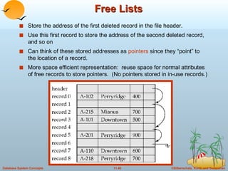 Free Lists Store the address of the first deleted record in the file header. Use this first record to store the address of the second deleted record, and so on Can think of these stored addresses as  pointers   since they “point” to the location of a record. More space efficient representation:  reuse space for normal attributes of free records to store pointers.  (No pointers stored in in-use records.) 