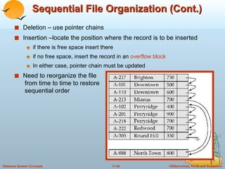 Sequential File Organization (Cont.) Deletion – use pointer chains Insertion –locate the position where the record is to be inserted if there is free space insert there  if no free space, insert the record in an  overflow block In either case, pointer chain must be updated Need to reorganize the file  from time to time to restore  sequential order 