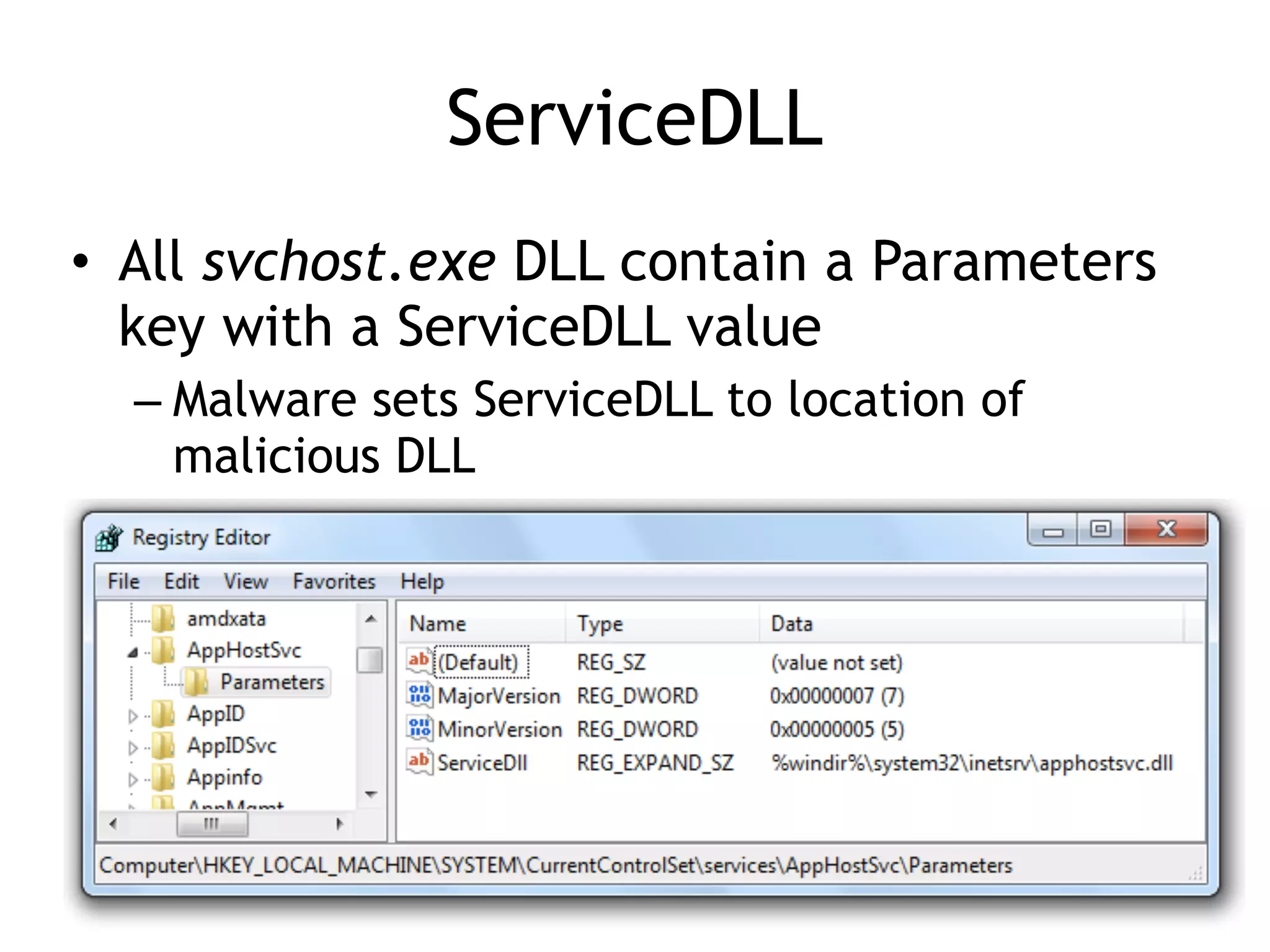 ServiceDLL
• All svchost.exe DLL contain a Parameters
key with a ServiceDLL value
– Malware sets ServiceDLL to location of
malicious DLL
 