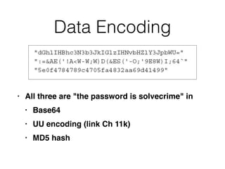 Data Encoding
• All three are "the password is solvecrime" i
n

• Base6
4

• UU encoding (link Ch 11k
)

• MD5 hash
 