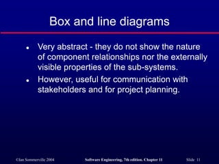 ©Ian Sommerville 2004 Software Engineering, 7th edition. Chapter 11 Slide 11
Box and line diagrams
 Very abstract - they do not show the nature
of component relationships nor the externally
visible properties of the sub-systems.
 However, useful for communication with
stakeholders and for project planning.
 