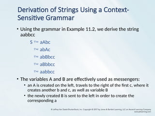 Derivation of Strings Using a Context-
Sensitive Grammar
• Using the grammar in Example 11.2, we derive the string
aabbcc
S  aAbc
 abAc
 abBbcc
 aBbbcc
 aabbcc
• The variables A and B are effectively used as messengers:
• an A is created on the left, travels to the right of the first c, where it
creates another b and c, as well as variable B
• the newly created B is sent to the left in order to create the
corresponding a
 