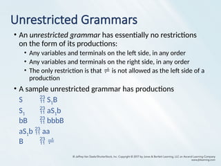 Unrestricted Grammars
• An unrestricted grammar has essentially no restrictions
on the form of its productions:
• Any variables and terminals on the left side, in any order
• Any variables and terminals on the right side, in any order
• The only restriction is that  is not allowed as the left side of a
production
• A sample unrestricted grammar has productions
S  S1B
S1  aS1b
bB  bbbB
aS1b  aa
B  
 
