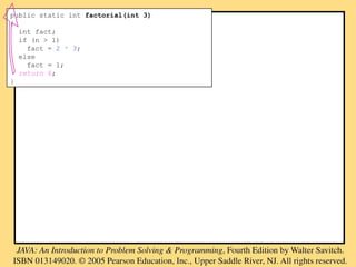 public static int factorial(int 3)
{
int fact;
if (n > 1)
fact = 2 * 3;
else
fact = 1;
return 6;
}
 