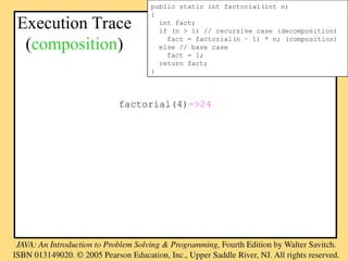 Execution Trace
(composition)
public static int factorial(int n)
{
int fact;
if (n > 1) // recursive case (decomposition)
fact = factorial(n – 1) * n; (composition)
else // base case
fact = 1;
return fact;
}
factorial(4)->24
 